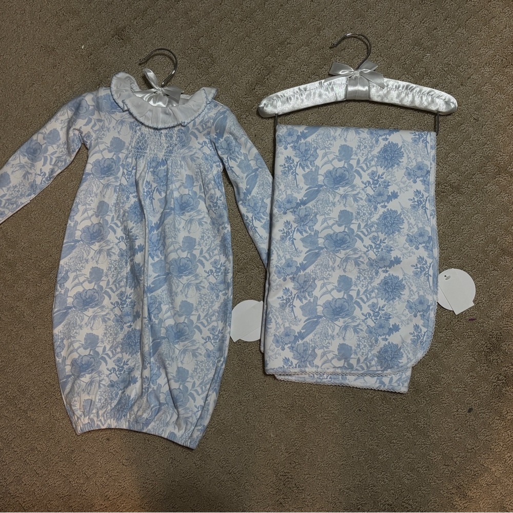 Blue Floral Newborn Gown and Blanket